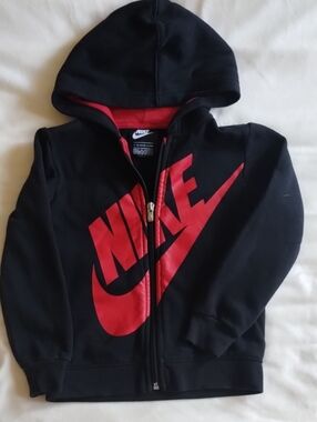 Nike Black Hoodie with Red Swoosh Logo - Kids Zip Front